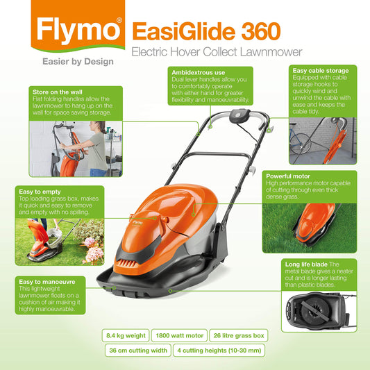 2000W Hover Lawn Mower 36cm Cutting Width with 26L Grass Box, Lightweight & Foldable