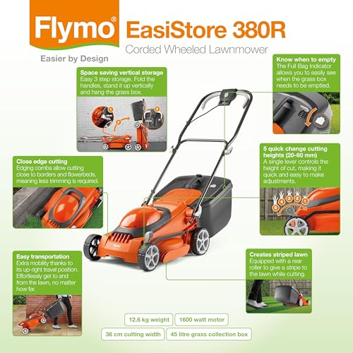1600W Electric Lawn Mower 38cm Cutting Width with 45L Grass Box, Rear Roller, Adjustable Height