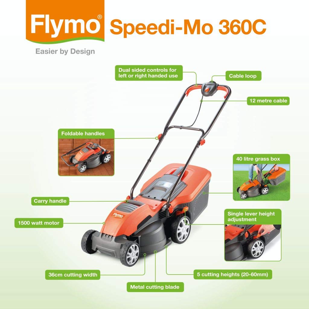 1500W Electric Lawn Mower 36cm Cutting Width with 40L Grass Box, Adjustable Height