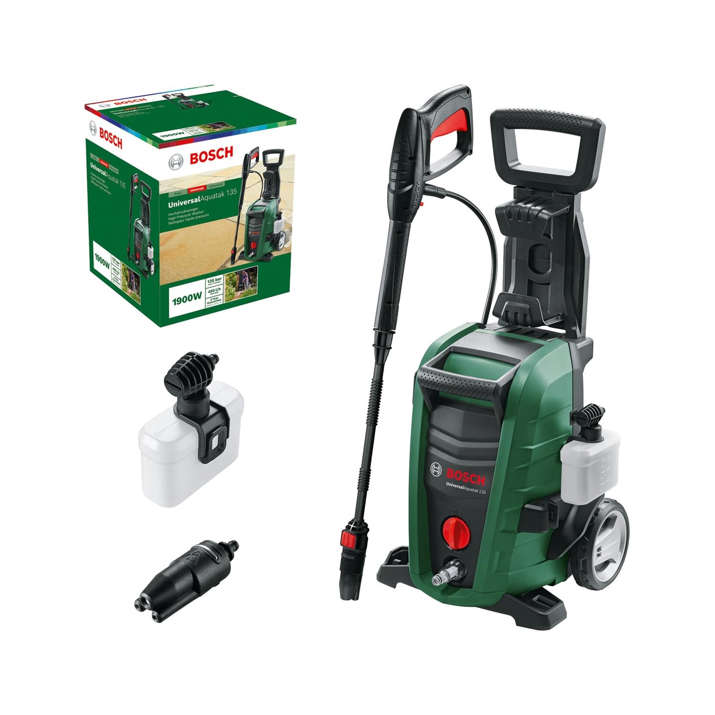 1900W High Pressure Washer 135 Bar with 3-in-1 Nozzle, 450L/H Flow Rate, 7m Hose