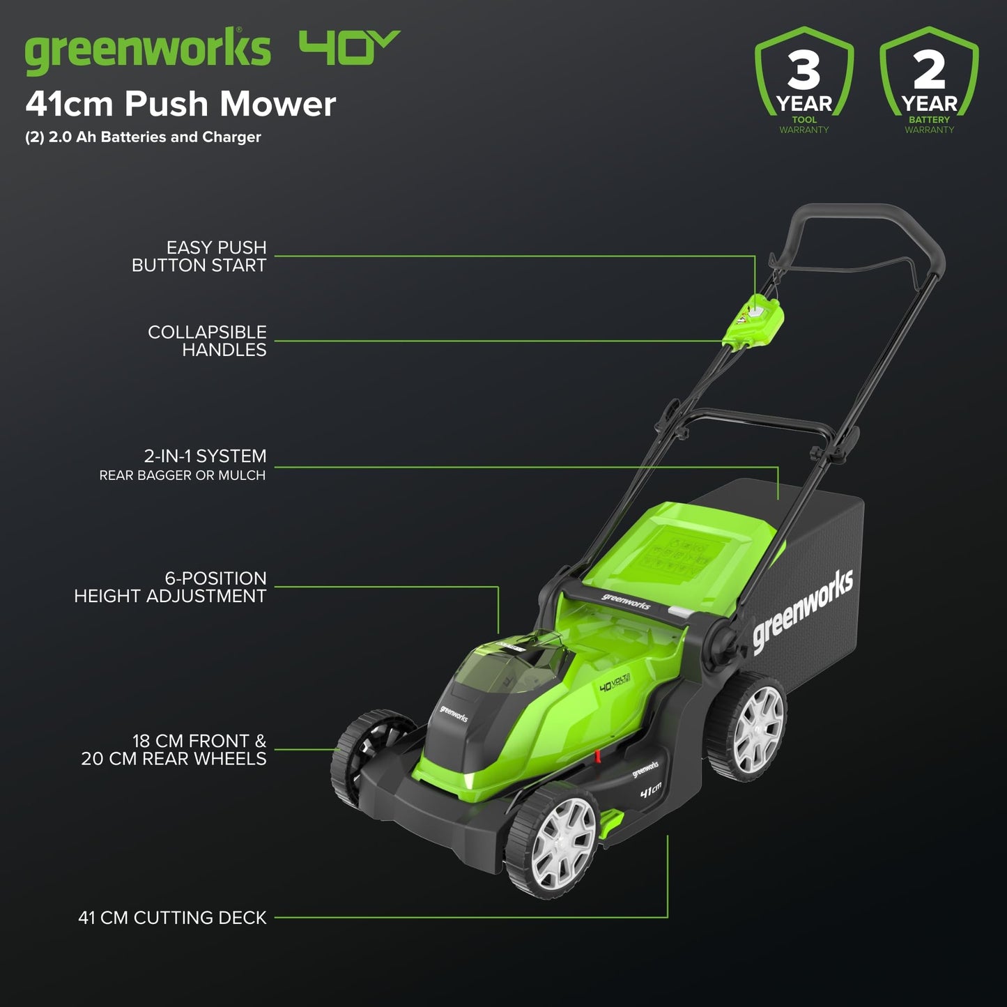 40V Cordless Lawn Mower with 41cm Cutting Width, 50L Grass Bag, 2 Batteries & Charger