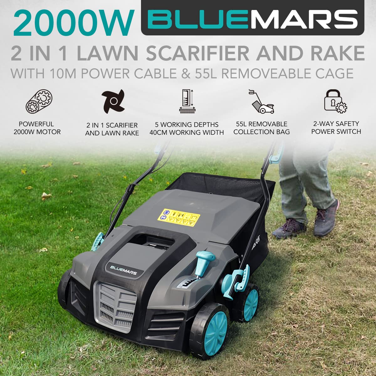 2000W Electric Lawn Scarifier and Aerator with 40cm Working Width and 55L Collection Box