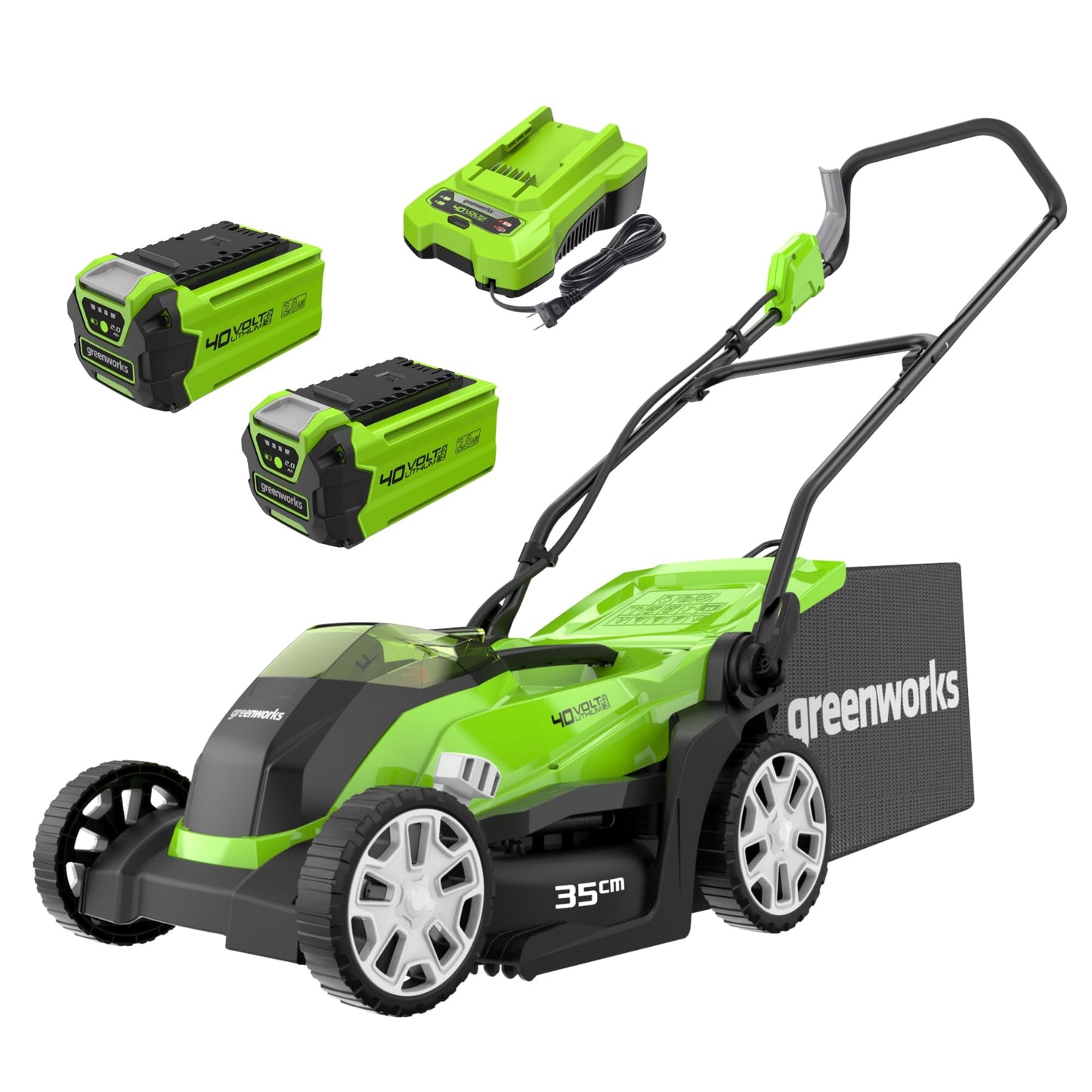 40V Cordless Lawn Mower 35cm Cutting Width with 40L Collection Bag, 2 Batteries & Charger