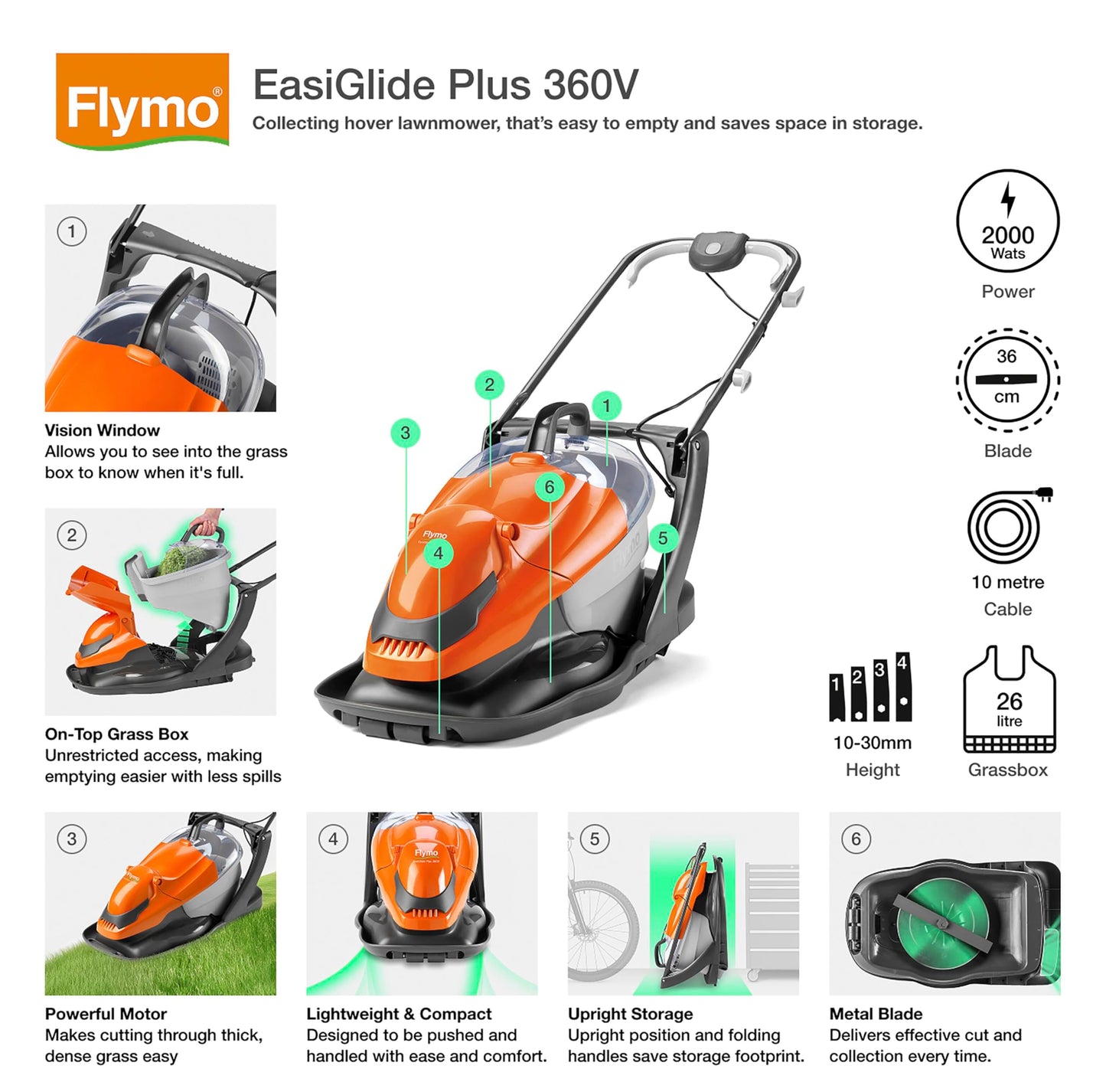 1800W Hover Lawn Mower 36cm Cutting Width with 26L Grass Box, Foldable & Lightweight
