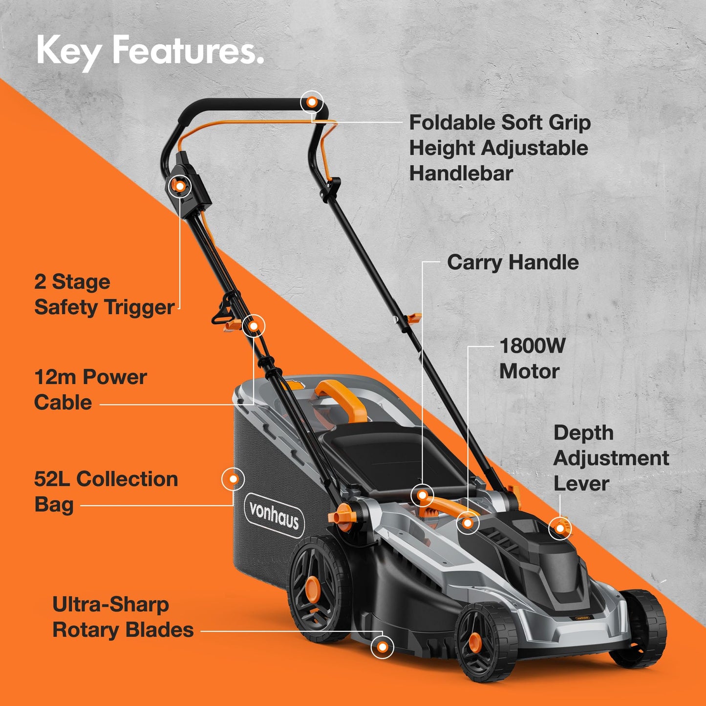 1800W Electric Corded Lawn Mower with 43cm Cutting Width, 52L Grass Collection Bag