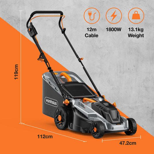 1800W Electric Corded Lawn Mower with 43cm Cutting Width, 52L Grass Collection Bag