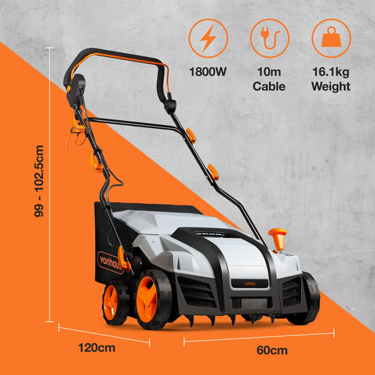 1800W Electric Lawn Scarifier and Aerator 2-in-1 with 55L Collection Box, 38cm Working Width, 5 Depth Settings