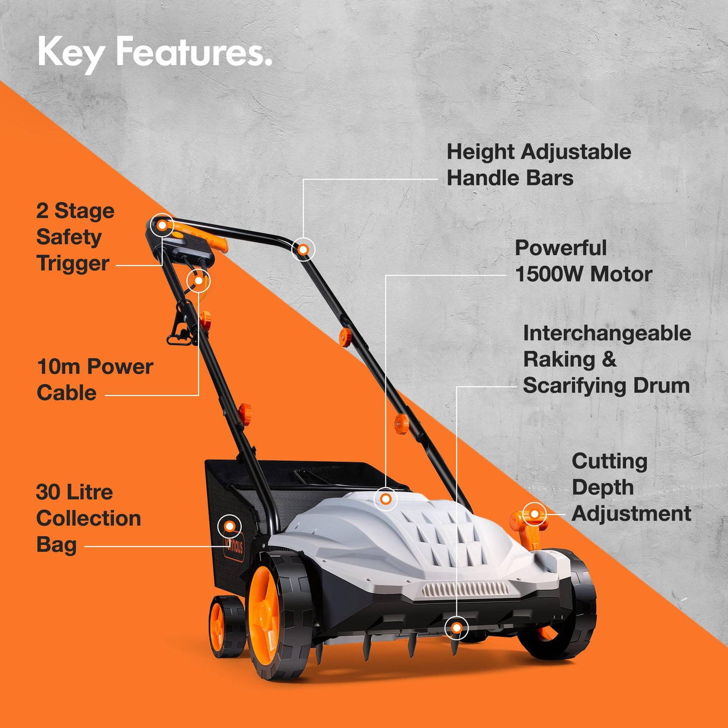 1500W Electric Lawn Scarifier and Aerator 2-in-1 with 30L Collection Box, 32cm Working Width, 4 Depth Settings