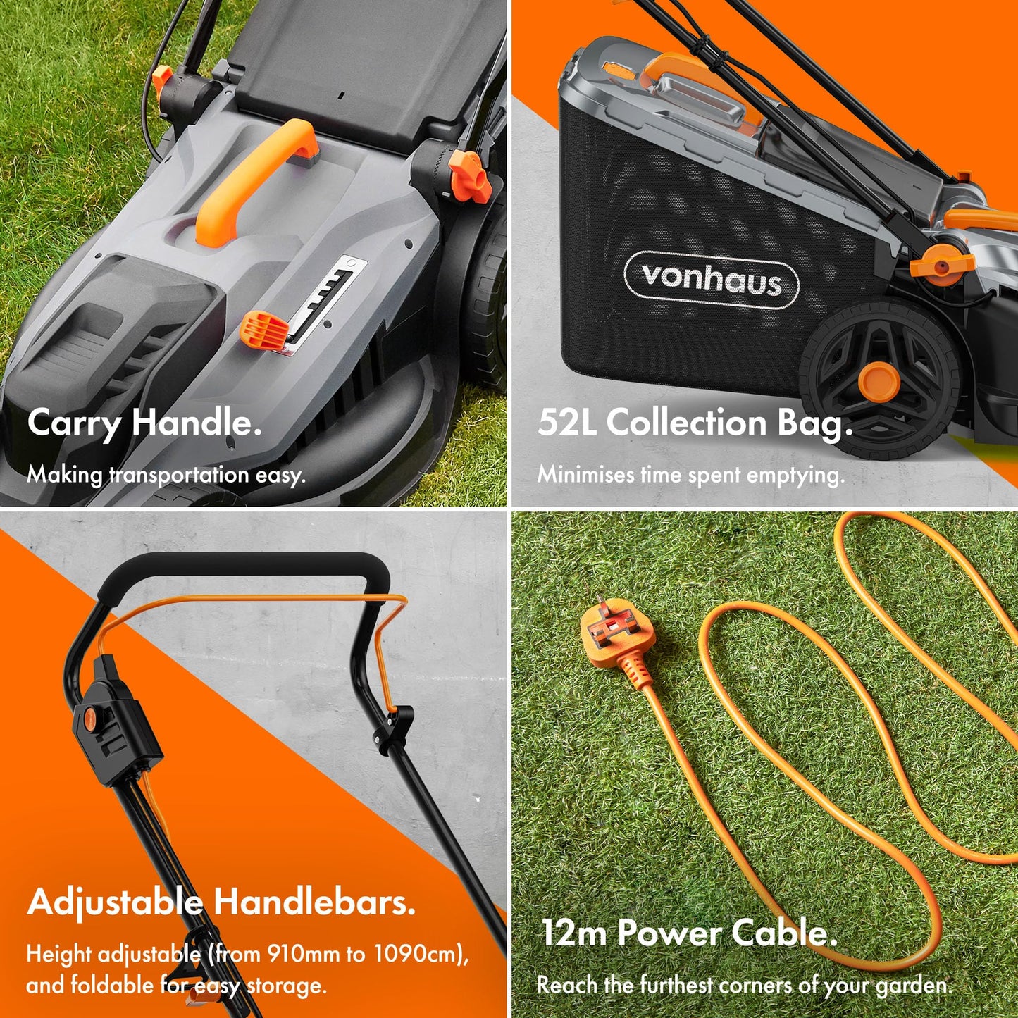 1800W Electric Corded Lawn Mower with 43cm Cutting Width, 52L Grass Collection Bag